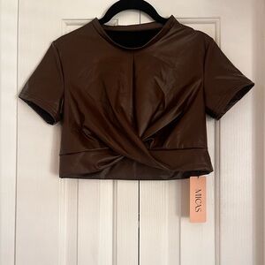 Micas Brown Fake Leather Twist Front Top